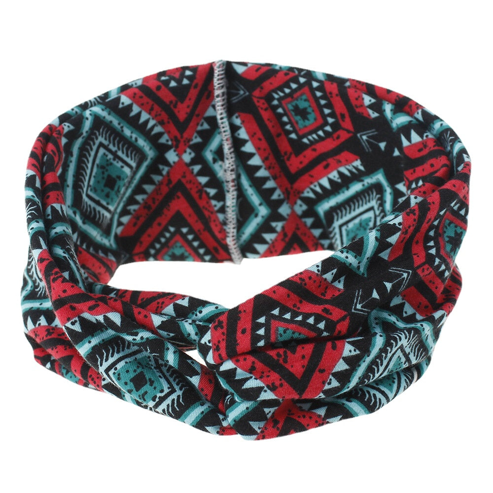 Women Bohemian Style Diamond Lattice Pattern Casual Outdoor Headdress Elastic Cross Tie Wide Brim Headband