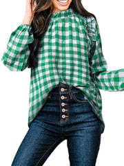 Plaid Long Sleeve Ruffles Casual Blouse For Women