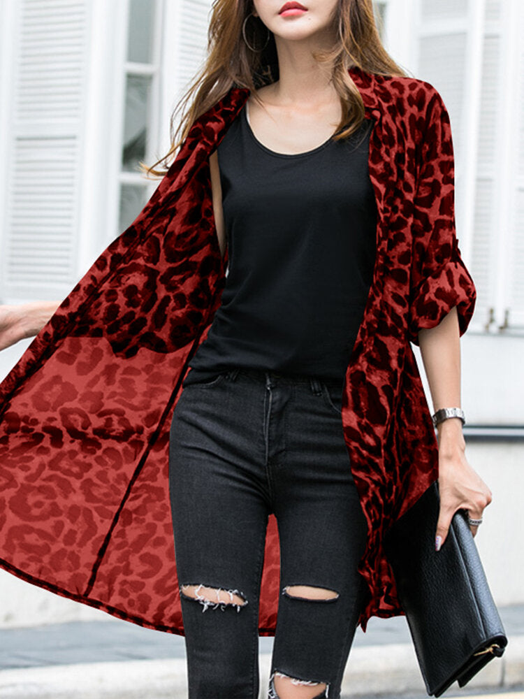 Long Sleeve Thin Light Chiffon Leopard Leisure Cardigan For Women