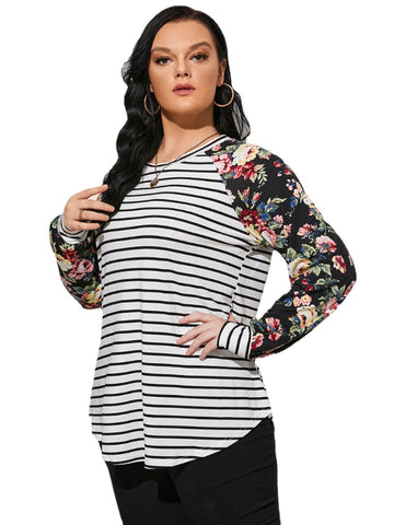 Plus Size Round Neck Striped Floral Print Patchwork Tee