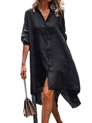 Women Solid Color Lapel Lack Slit Loose Shirt Dress