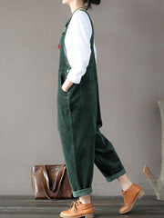 Corduroy Sleeveless Loose Button Causal Side Pocket Jumpsuit For Women