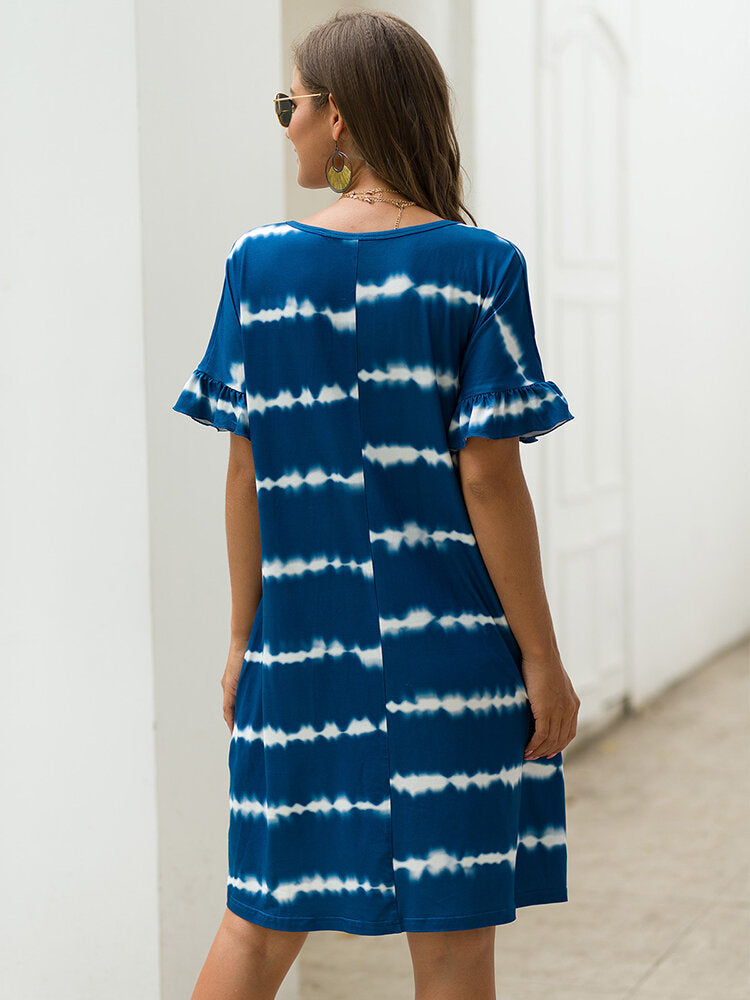 Tie Dye Print V-neck Short Sleeve Shirt Mini Dress