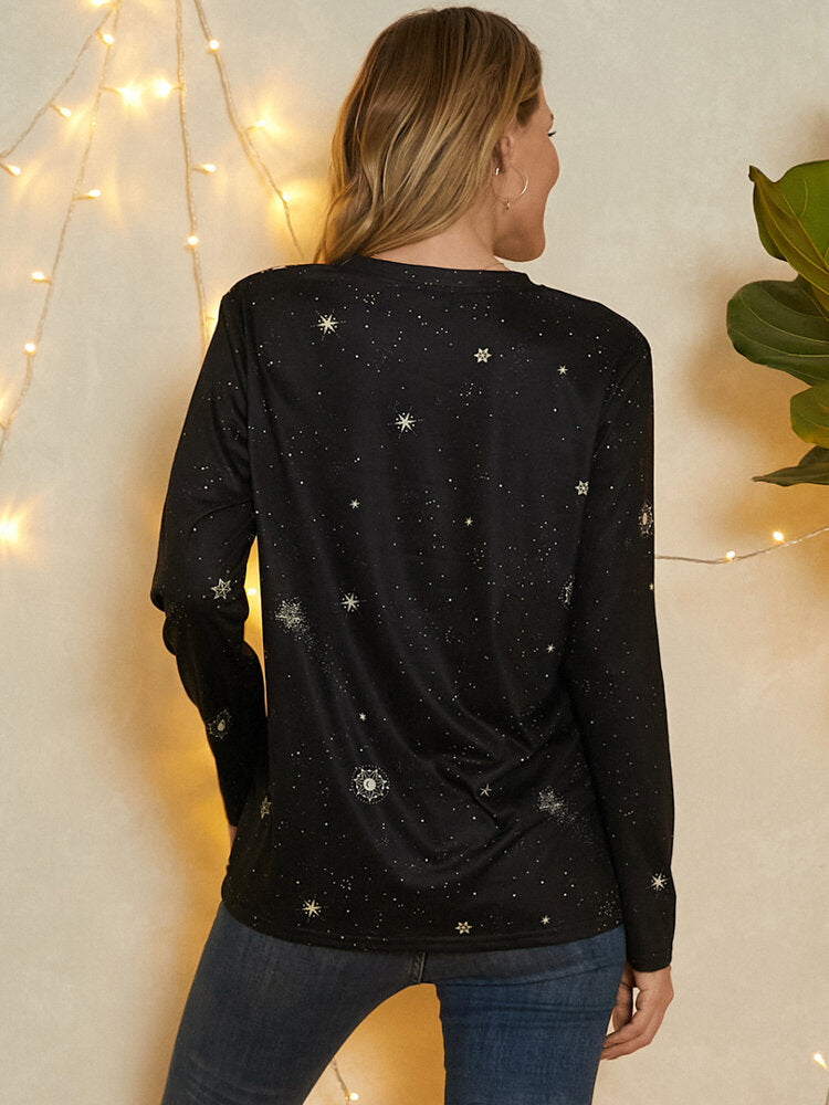 Women Capricorn Galaxy Print Round Neck Long Sleeve Casual Blouses