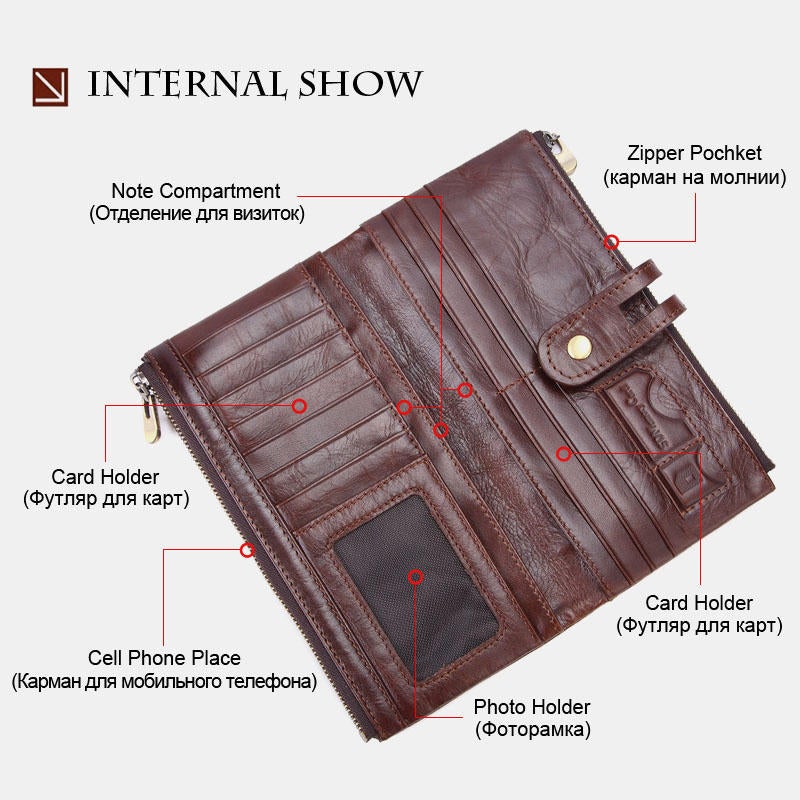 Men Genuine Leather Vintage Long Wallet Phone Bag Card Holder Photo Pocket