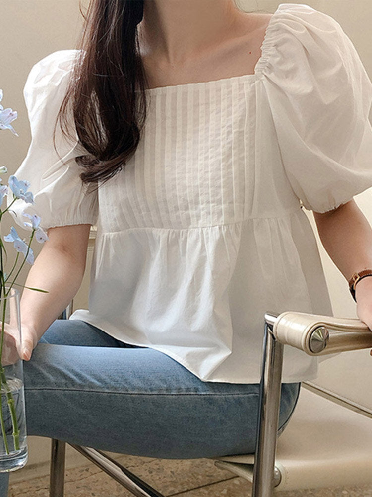 Solid Pleated Square Collar Puff Sleeve Blouse For Women