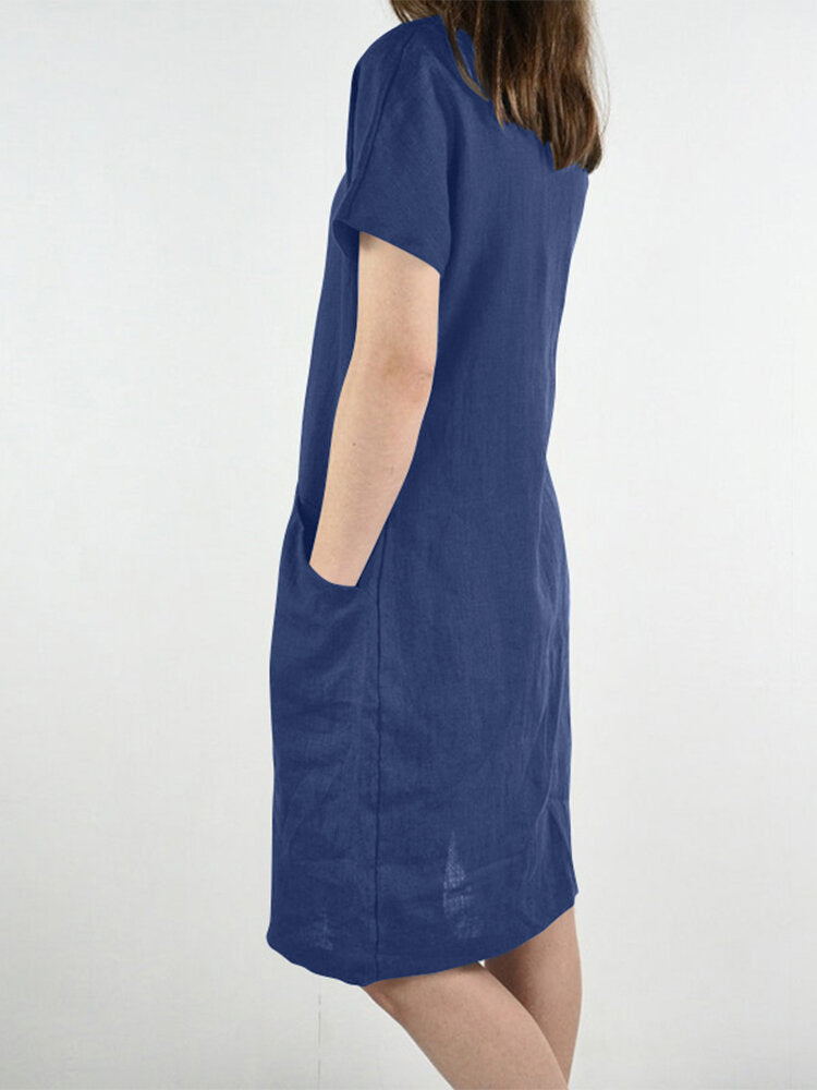 Solid Pocket V Neck Short Sleeve Casual Cotton Midi Dress