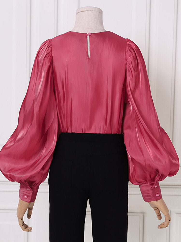 Women Puff Sleeve Back Button Spliced Solid Color Narrow Cuff Casual Blouses