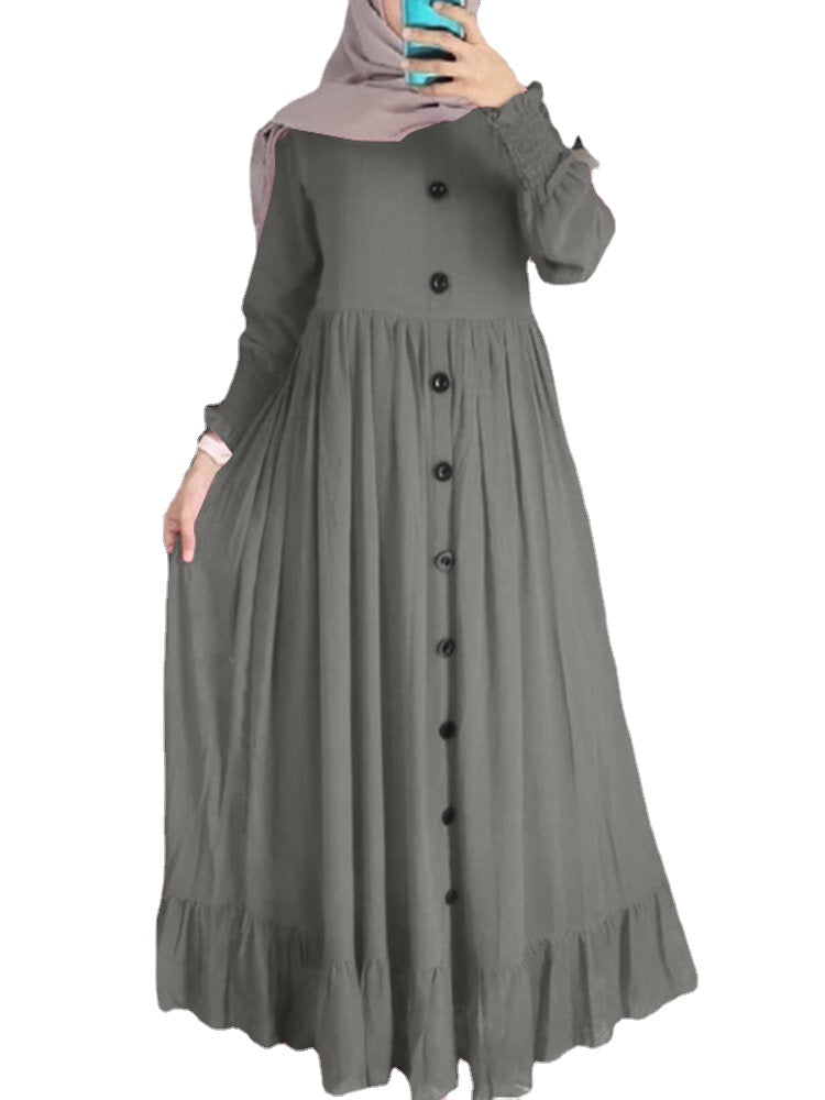 Women Solid Color Ruffles Hem Pleats Puff Sleeve Maxi Dress