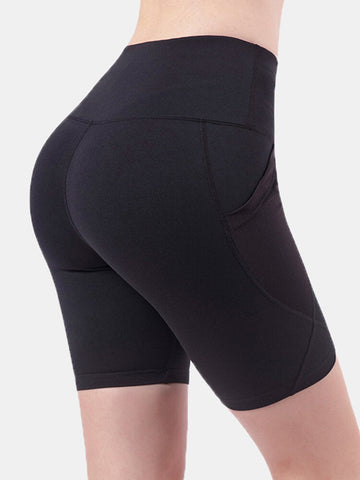 Women Dry Quickly Solid Color Sports High Waist Biker Shorts With Mesh Pockets