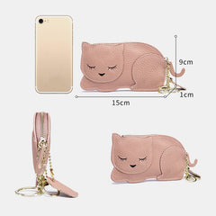 Women Genuine Leather Casual Cute Animal Nap Cat Pattern Mini Keychain Coin Storage Bag