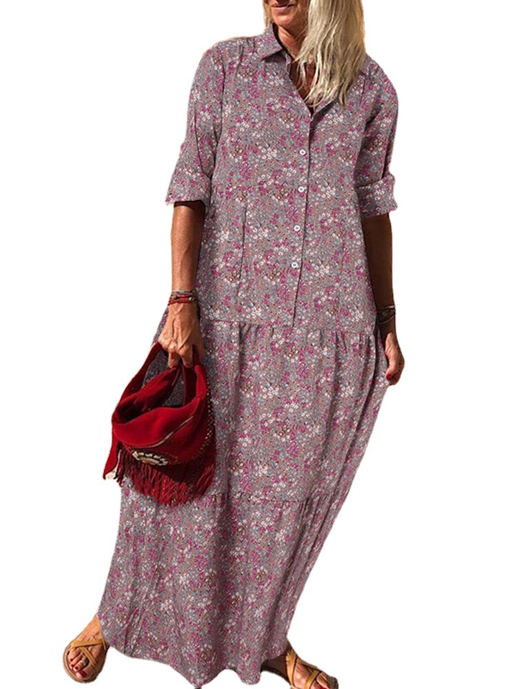 Vintage Floral Print Lapel Pleats Long Sleeve Bohemian Shirt Maxi Dress For Women