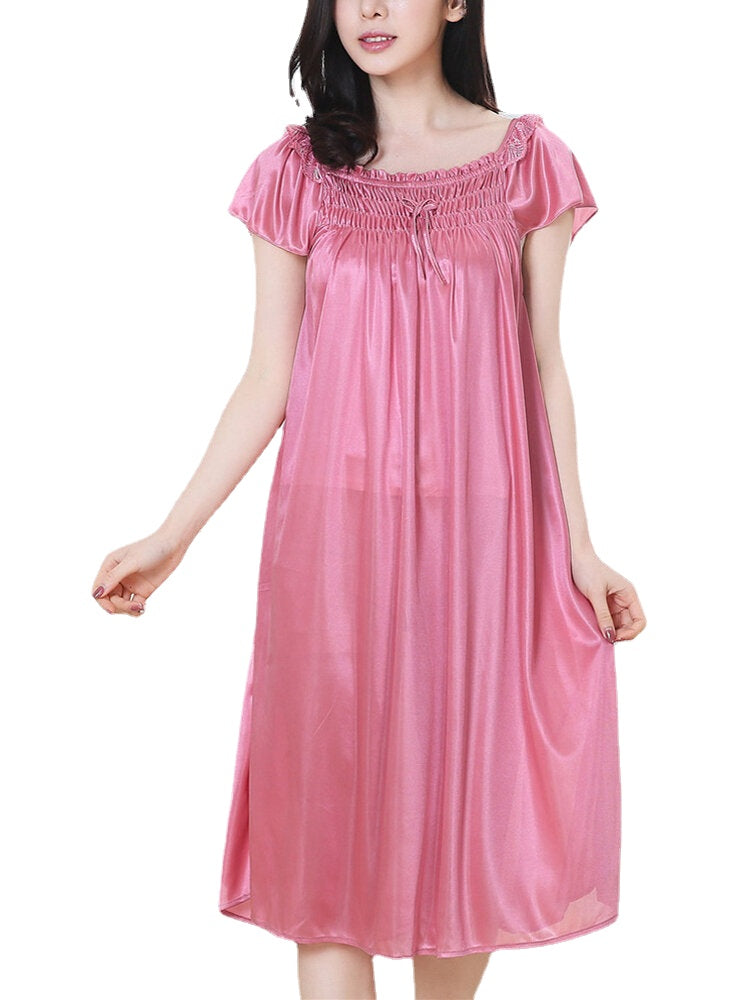 Women Solid Color Short Sleeve Smooth Home Nightgown