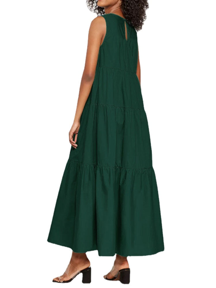 Women Casual Long Pleated Loose Midi Tank Dress With Pocket