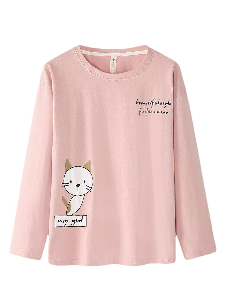 Women Cartoon Cat Print Long Sleeve Pullover Elastic Waist Pocket Pants Pink Home Pajama Set