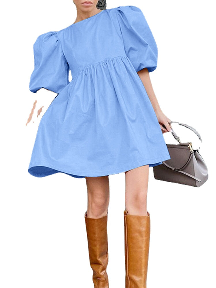 Puff Sleeve Solid European Casual Style Dress For Women