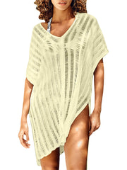 Women V-Neck Crochet Hollow Out Solid Color Sun Protection Cover Ups