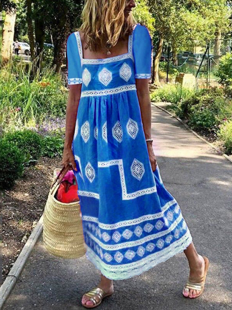 Women Ethnic Print Square Collar Short Sleeve Bohemian Maxi Dress