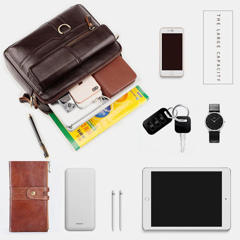 Men's Genuine Leather Crossbody Bag, Multi-pocket, Large Capacity, Retro 6.5" Phone Briefcase Shoulder Handbag