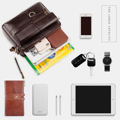 Men's Genuine Leather Crossbody Bag, Multi-pocket, Large Capacity, Retro 6.5" Phone Briefcase Shoulder Handbag