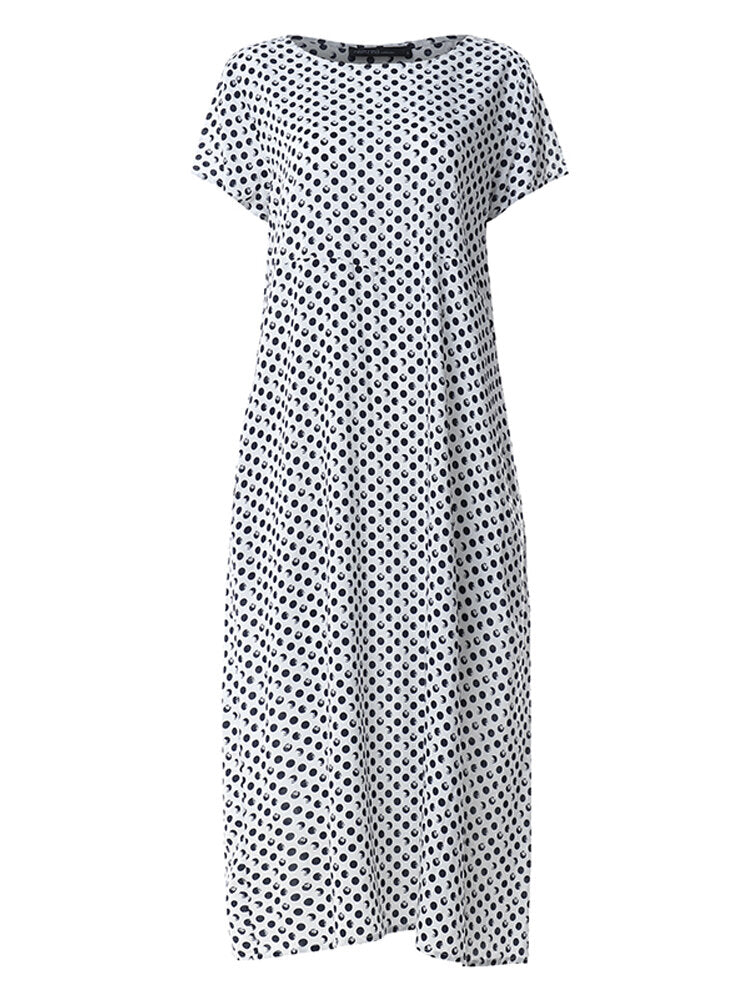 Women Crewneck Polka Dot Print Short Sleeve Midi Dress
