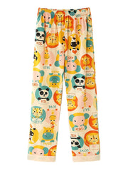 Women Cartoon Multi Animal Print Button Up Long Sleeve Elastic Waist Home Cotton Pajama Set