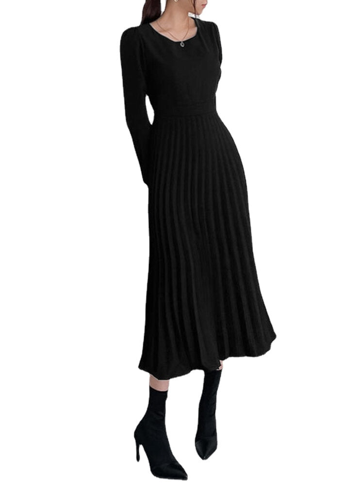 Solor Long Sleeve Round Neck Pleated Elegant Dress With Belt