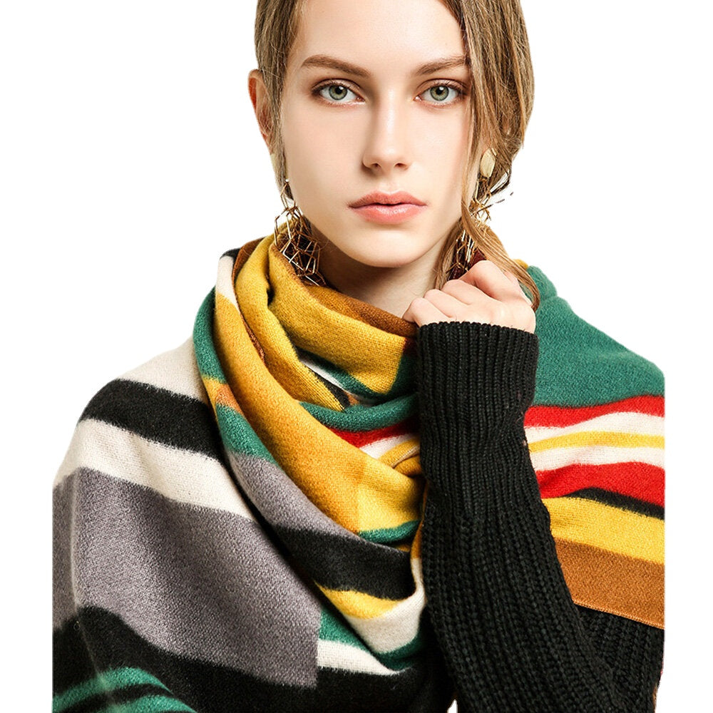 Women Colorful Striped Warmth Neck Protection Shawl Dual-use Cool-Protection Windproof Long Tassel Scarf