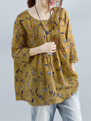 Plant Print Pleated Round Neck Half Sleeve Casual Blouse