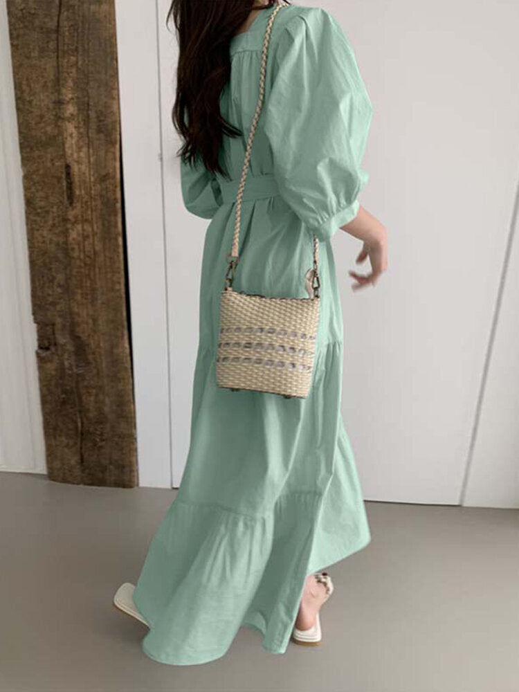 Women's Puff Sleeve Solid Spliced Pleated Casual Loose Daily Dress