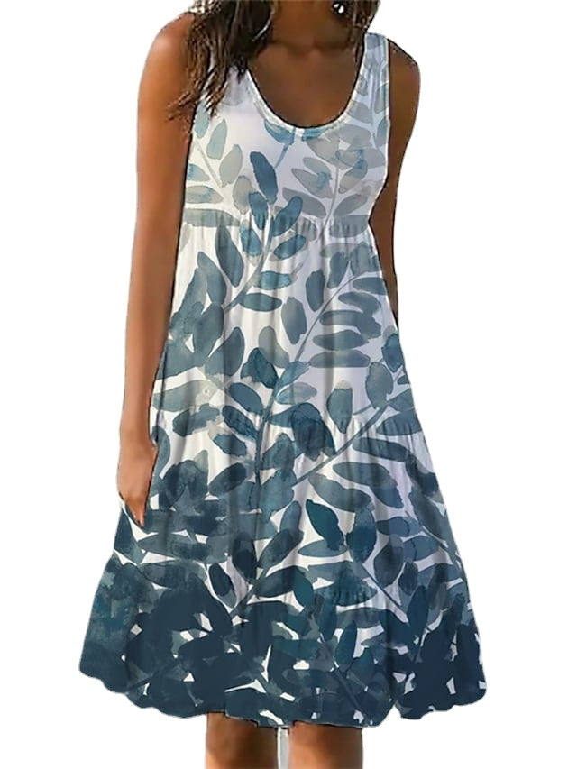 Women‘s Sleeveless Print Beach Holiday U Neck Casual Dress