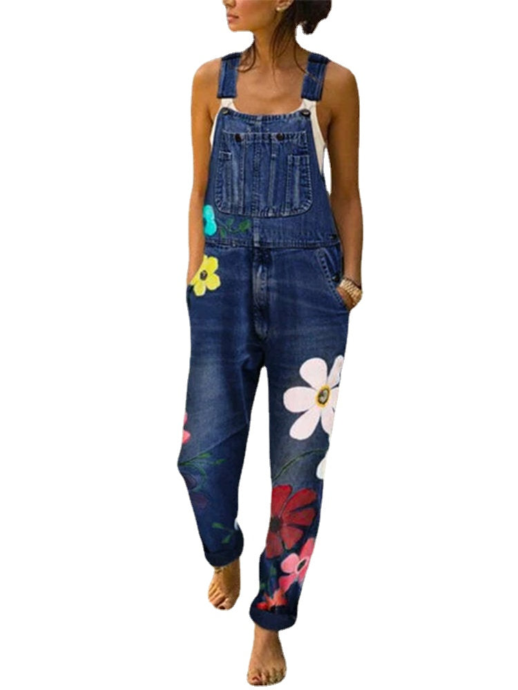 Women Casual Big Flower Print Pockets Denim Jumpsuit