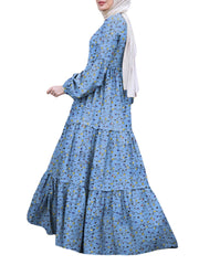 Women Floral Print Tiered Round Neck Button Back Casual Puff Sleeve Maxi Dresses