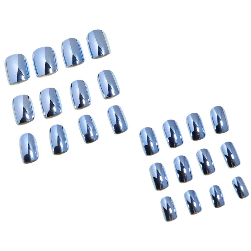 Sky Blue Chrome Mirror Reflective Press-On Nails - 24pcs Medium Long Square Full Cover High Gloss Set for Women & Girls