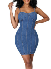Women's Denim Mini Dress - Sleeveless, Backless, Spaghetti Strap for Summer