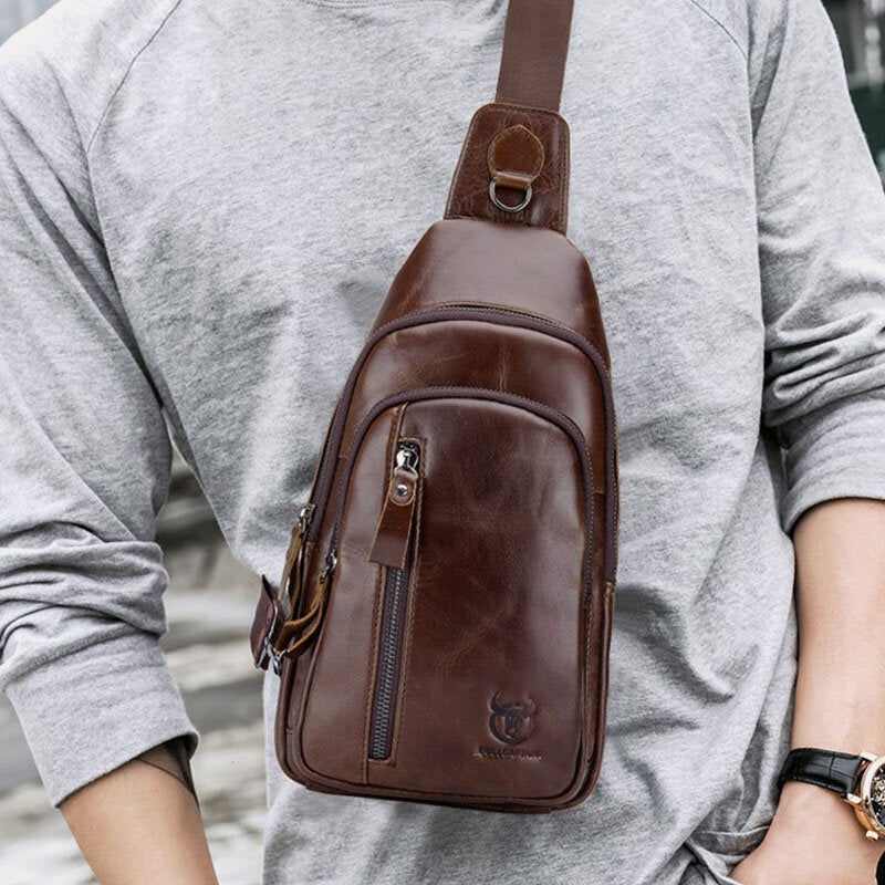 Men Multi-pocket Cowhide Chest Bag Casual Sports Multifunctional Large Capacity Crossbody Shoulder