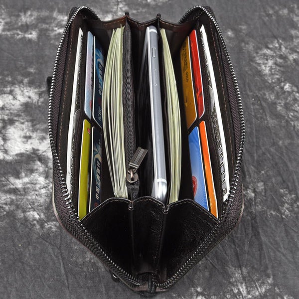 Men Genuine Leather Long Zipper Phone bag Wallet