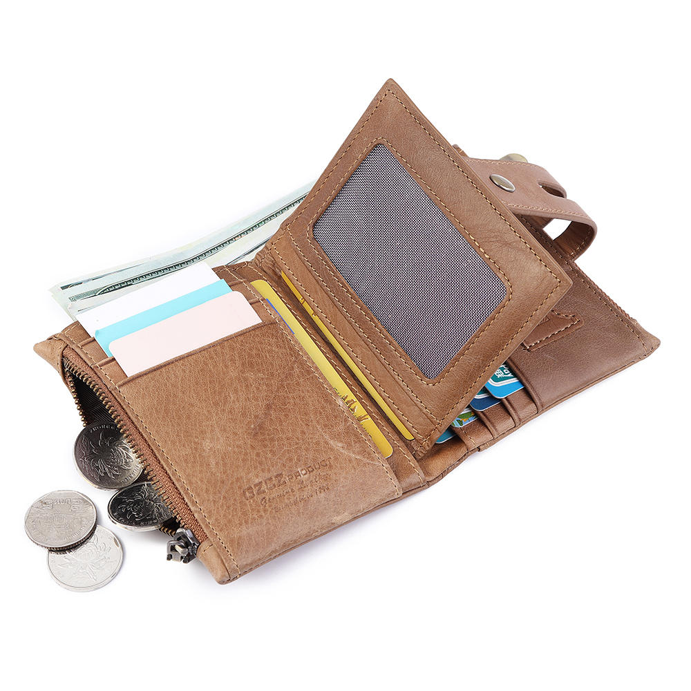 Men Women Retro Genuine Leather Tri-fold Wallet Card Holder Double Zipper