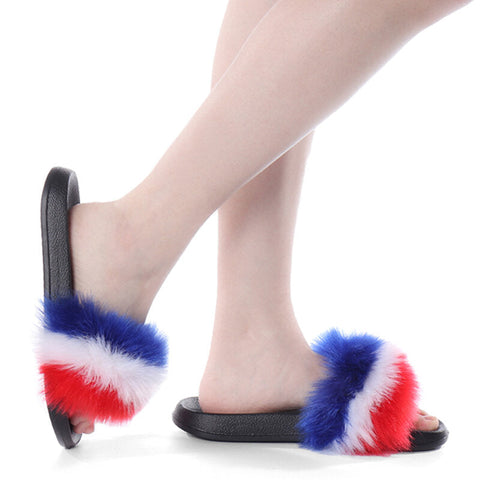 WoMen Fur Plush Fuzzy Furry Sliders Slippers Sandals Flip Flops Flat Shoes