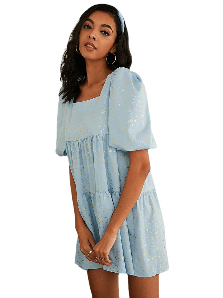 Women Star Print Square Neck Back Lace-Up Layered Short Sleeve Mini Dress