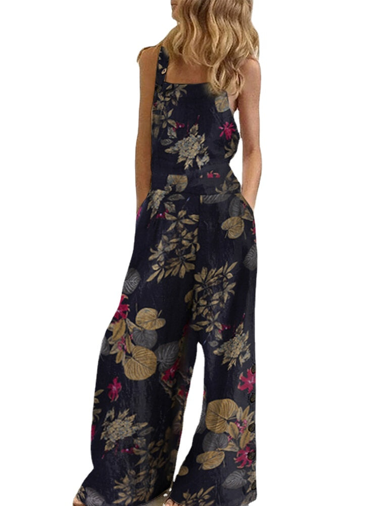 Women Sleeveless Floral Print Button Loose Cotton Vintage Jumpsuits With Side Pocket
