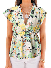 Plant Print V Neck Casual Ruffle Short Sleeve Blouse