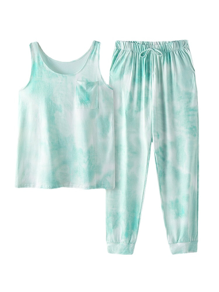 Tie Dye Print Sports Loungewear Set Tank Top Beam Feet Sleeveless Two-Piece Set