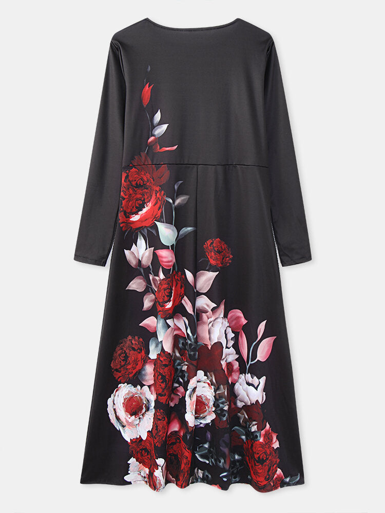 Women Floral Print Round Neck Long Sleeve Casual Maxi Dresses