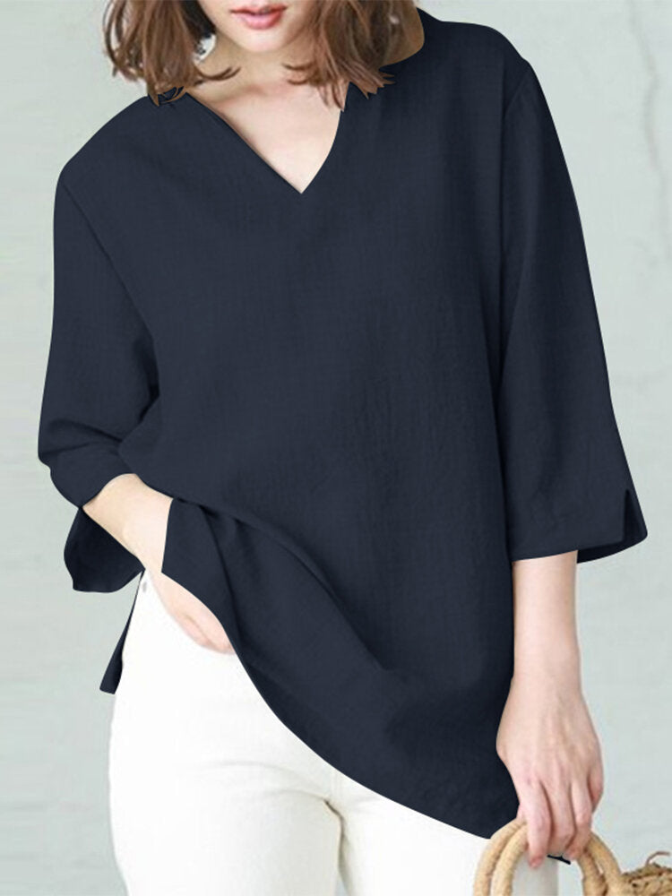 Solid Split V Neck Cotton Casual Blouse