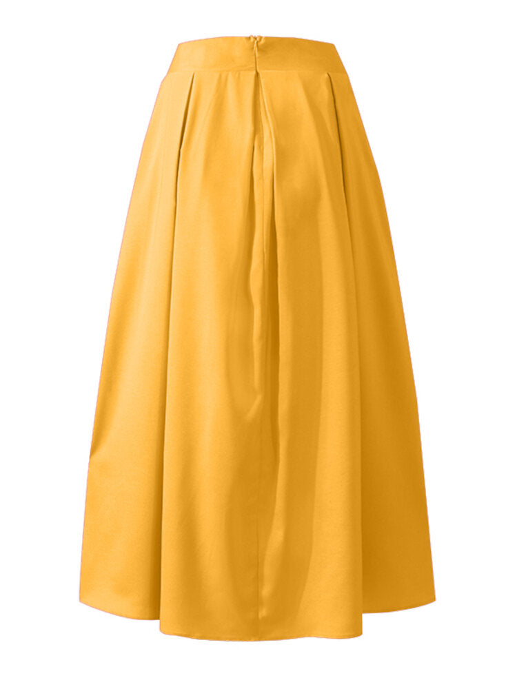 Women Solid Color High Waist Big Swing Zipper Casual Loose Long Skirt With Pocket