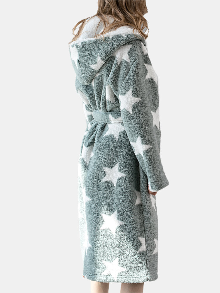 Women Star Print Fleece Thick Lace-Up Double Pockets Casual Home Warm Hooded Robes