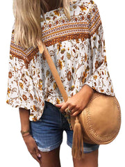 Floral Print Bohemian Long Sleeve Crew Neck Blouse