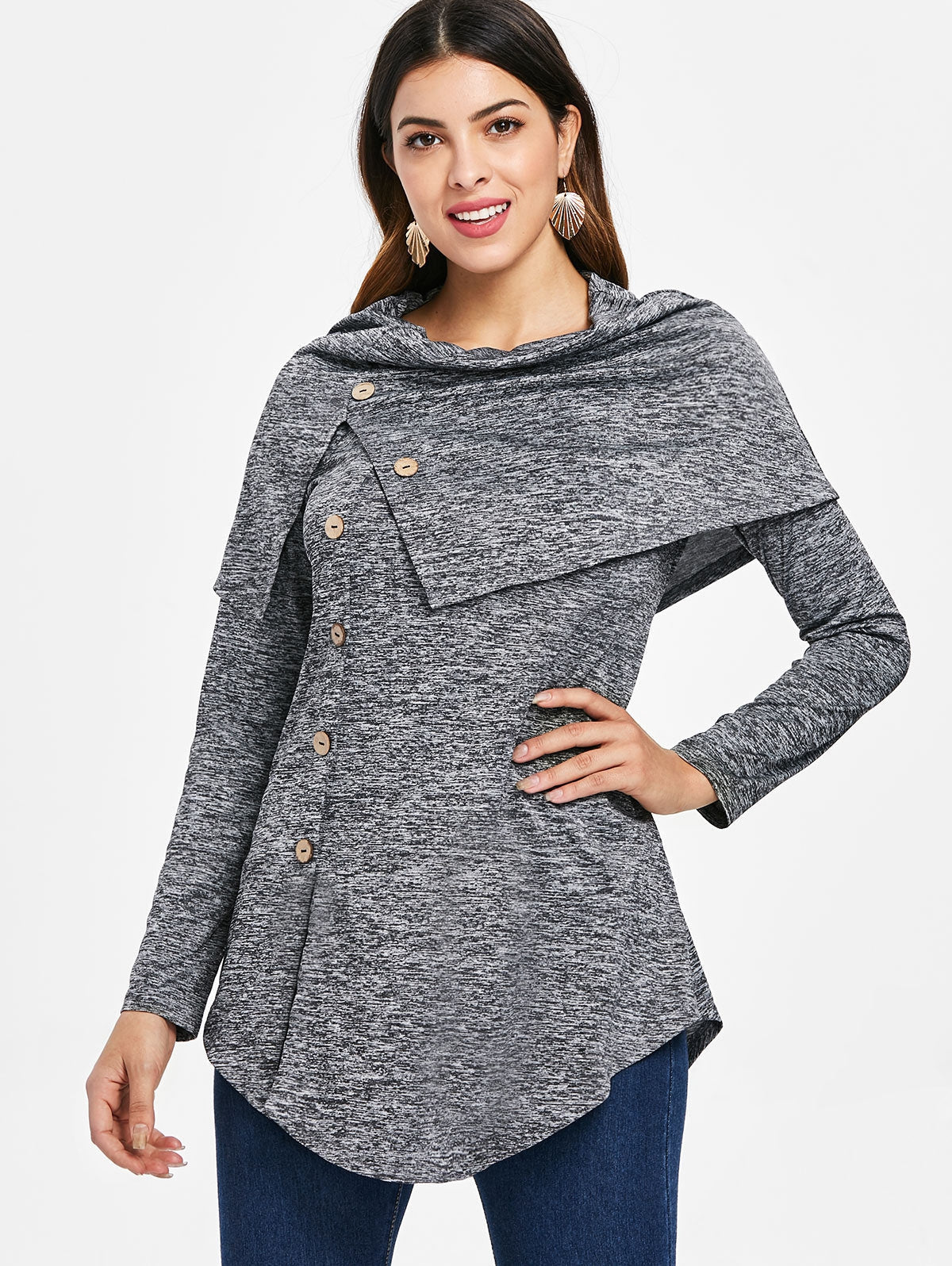 Long Sleeve Marled Button Capelet T-shirt