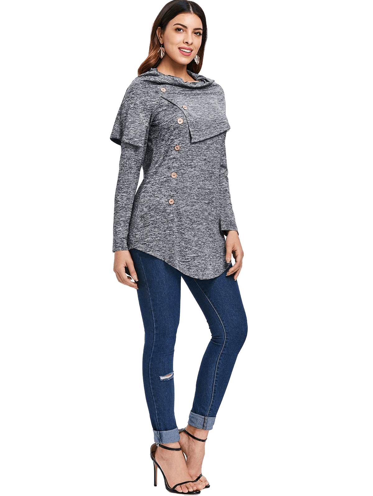 Long Sleeve Marled Button Capelet T-shirt